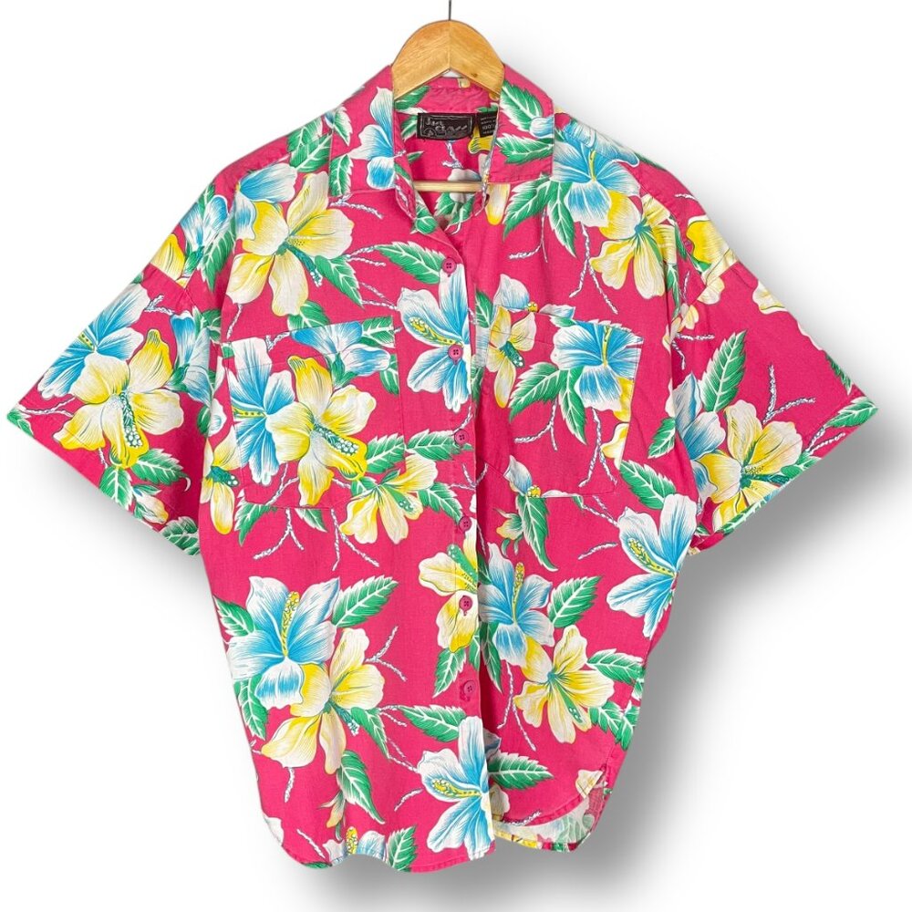 Vintage Hawaiian Shirt Bright Pink Tropical Floral Size Medium Vacation Funky‎